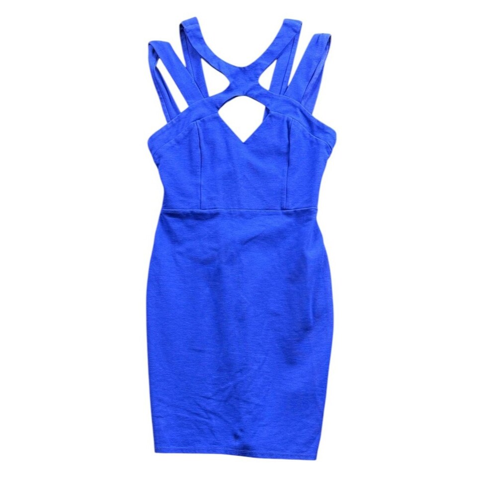 Solemio Cutout Mini Sheath Dress Medium Multi Strap Royal Blue USA Made Clubwear